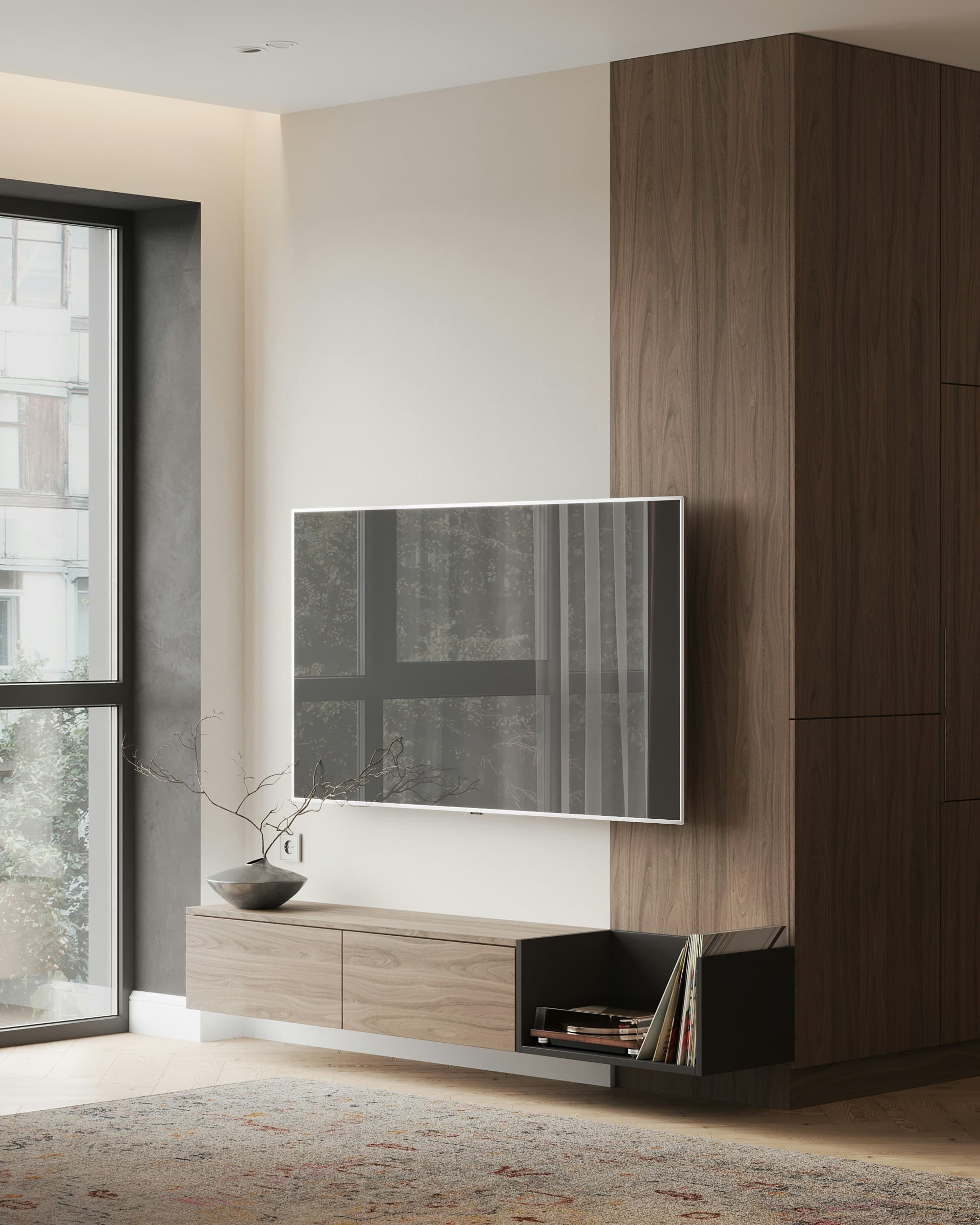 Living room with integrated cabinetry and display
