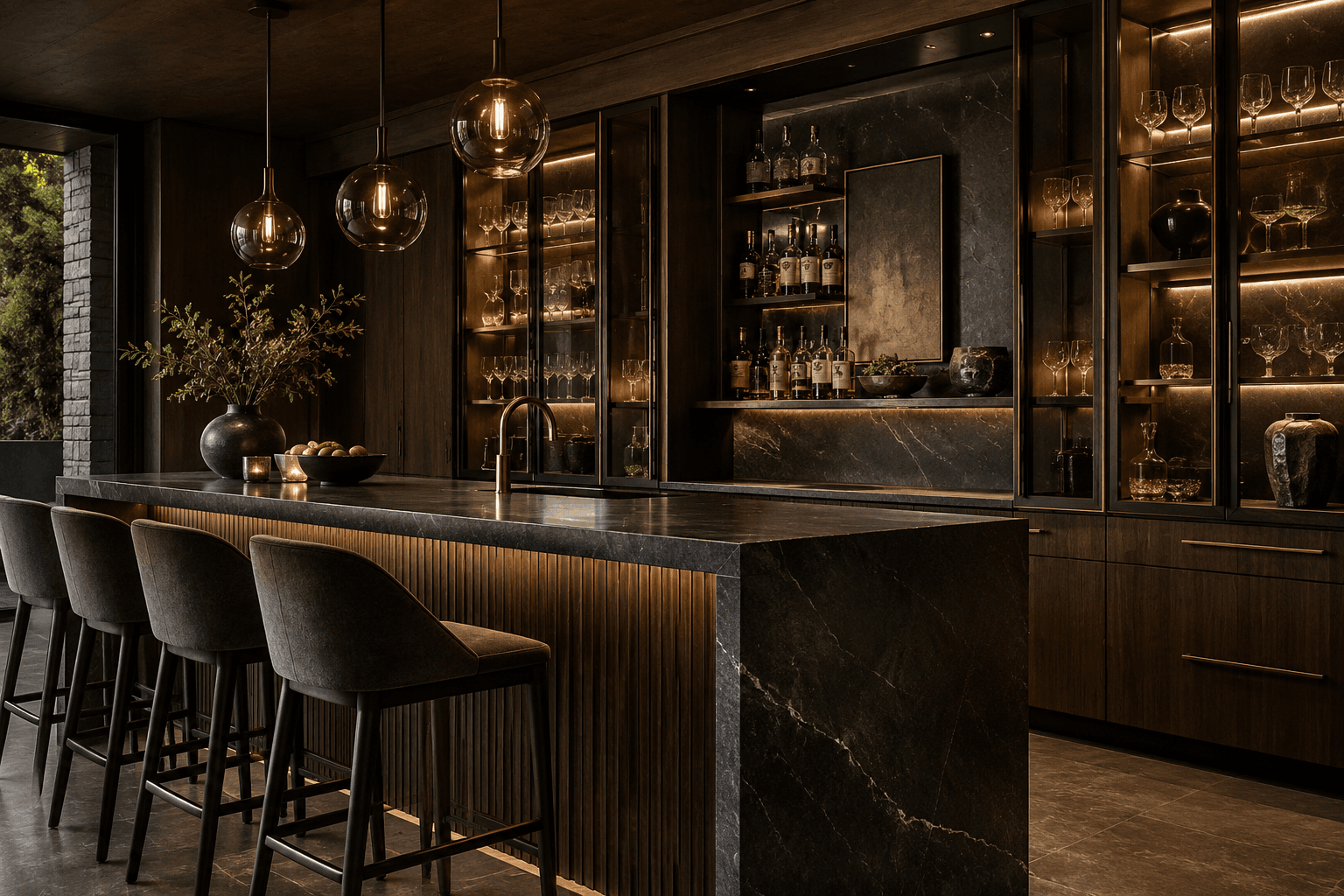 Dark home bar with rich cabinet surfaces and dramatic light