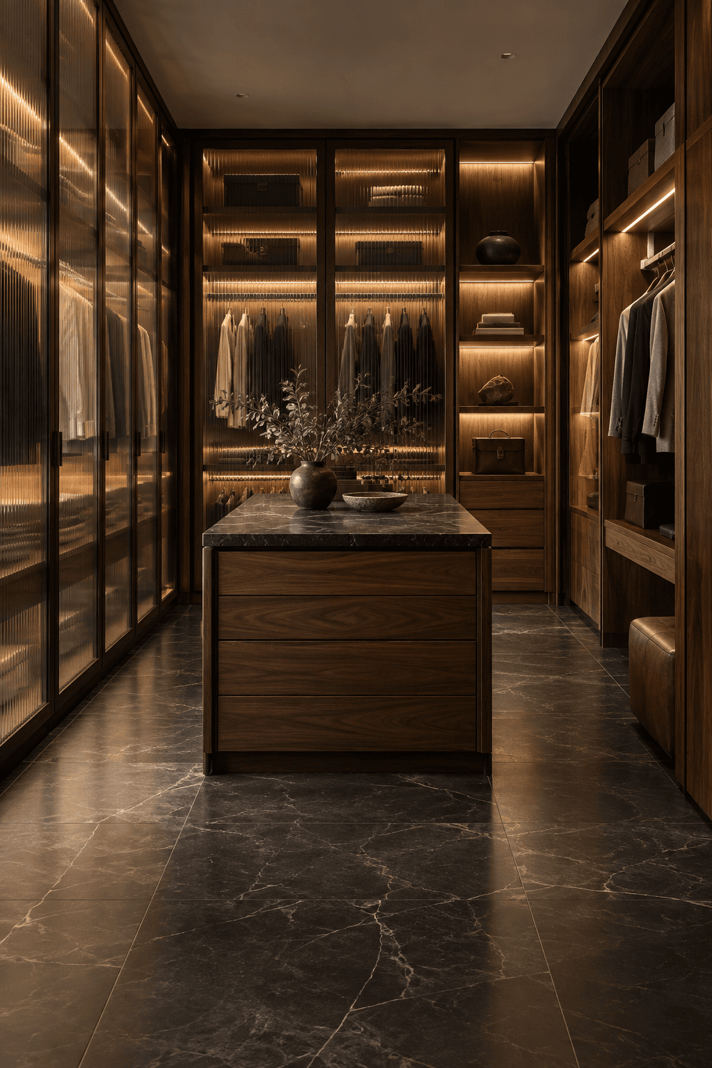 Tailored wardrobe cabinetry with rich materials